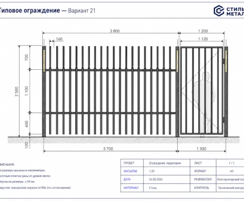 Типовое металлическое ограждение МКА 2024 — Тип 21
