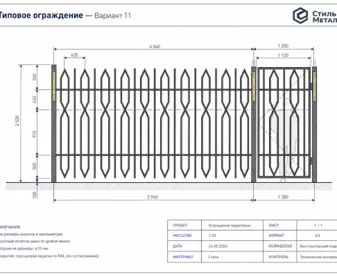 Типовое металлическое ограждение МКА 2024 — Тип 11