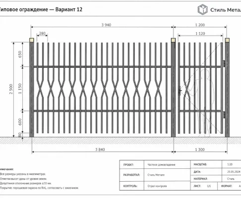Типовое металлическое ограждение МКА 2024 — Тип 12